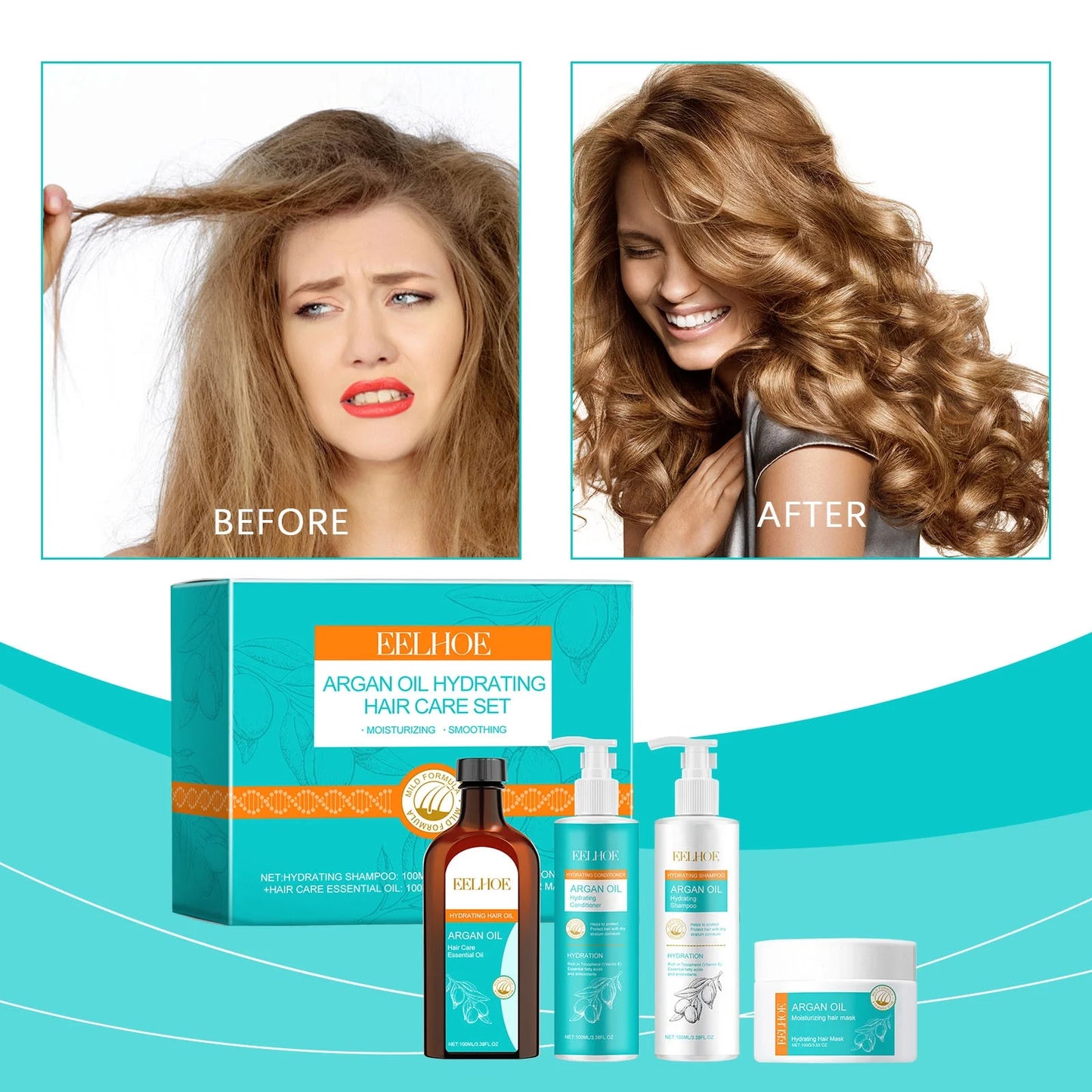 مجموعة إيلوه للعناية بالشعر المرطبة بزيت الأرغان